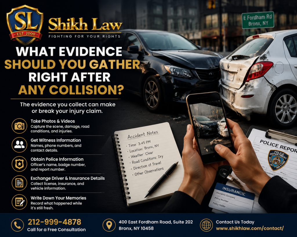 Shikh Law Bronx NY car accident evidence checklist showing crash scene documentation, photos, witness info, and insurance details