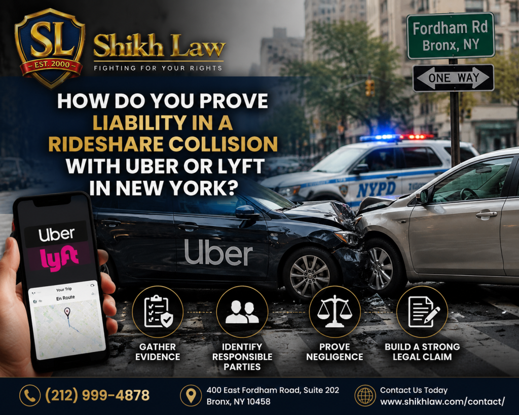 Shikh Law Bronx NY rideshare accident lawyer image showing Uber and Lyft collision scene in New York with legal liability explanation