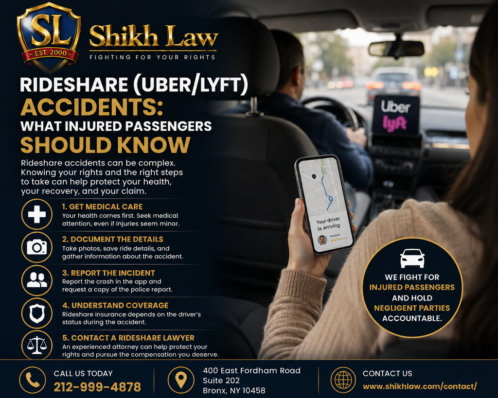 Rideshare Uber and Lyft accident information for injured passengers from Shikh Law in the Bronx, NY