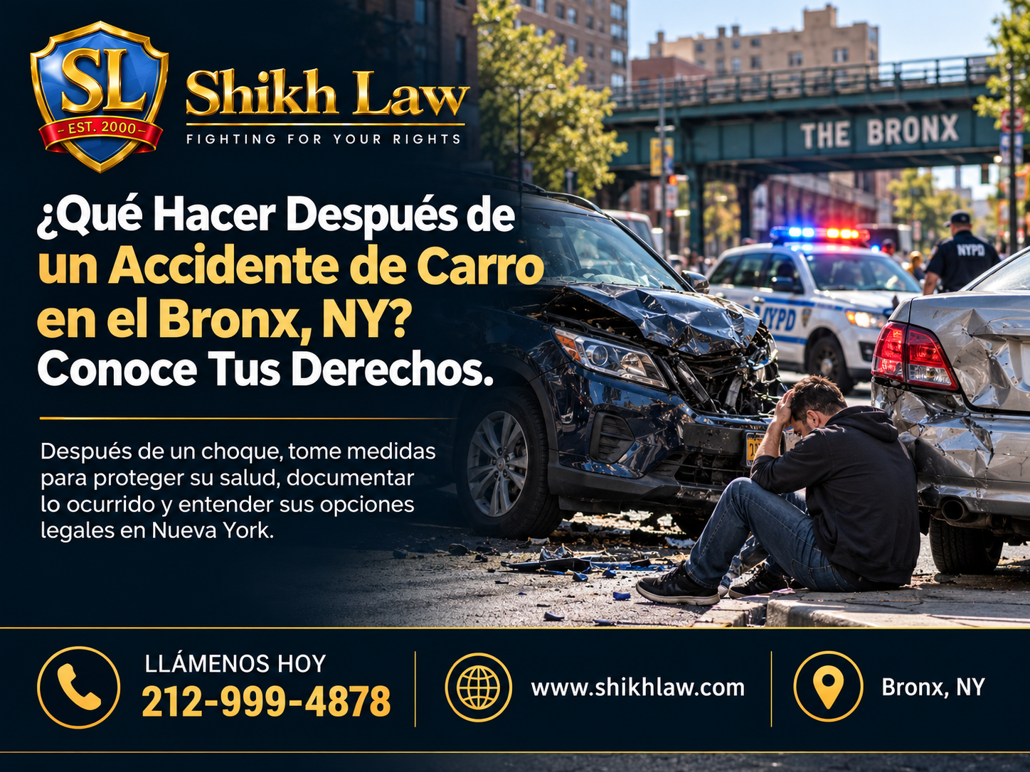 Accidente de carro en el Bronx, NY, con vehículos dañados y presencia policial. Imagen informativa de Shikh Law sobre los derechos de las víctimas.